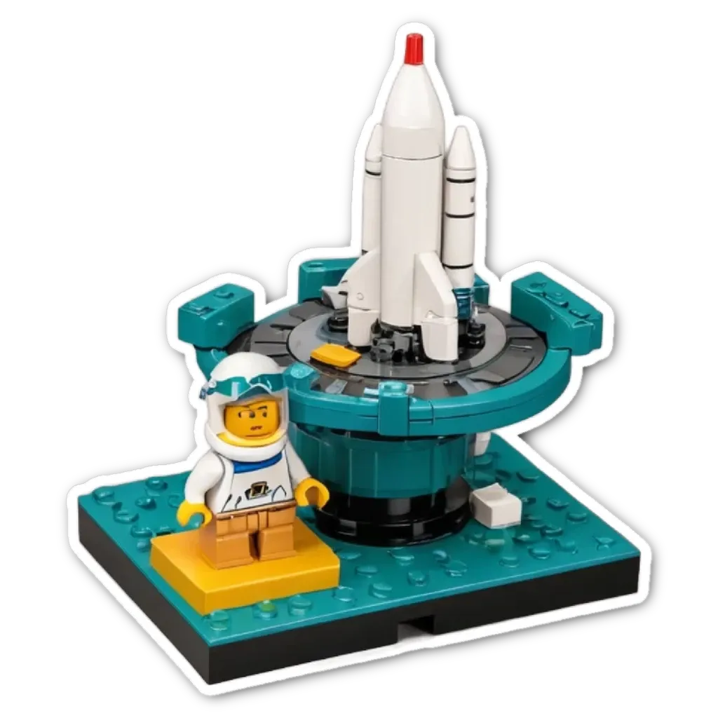 A lego rocket ship with a man in a spacesuit in front.