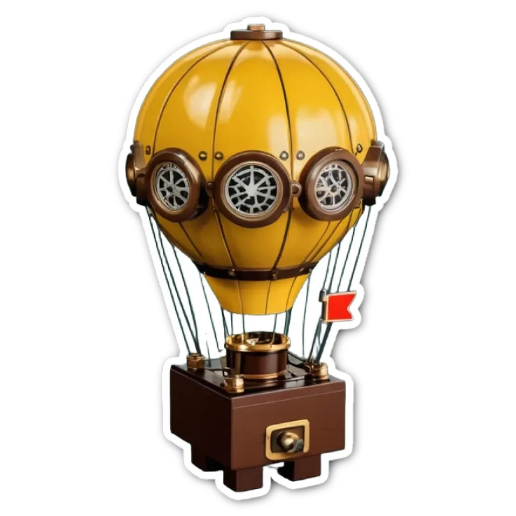 A hot air balloon with a wooden base and metal parts.