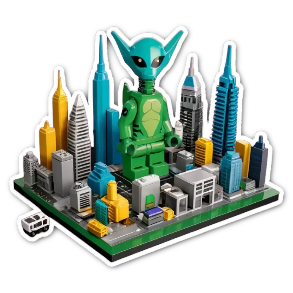 A lego city scene with a green alien in the middle.