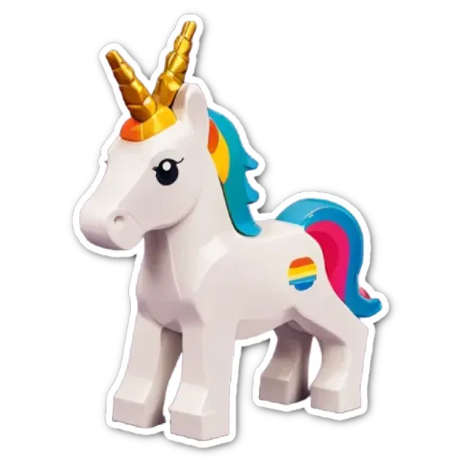 A lego unicorn with a rainbow flag on its head.