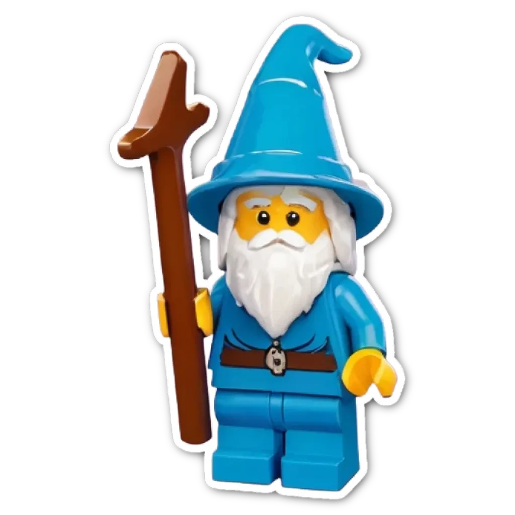 A lego figure of a wizard with a staff.