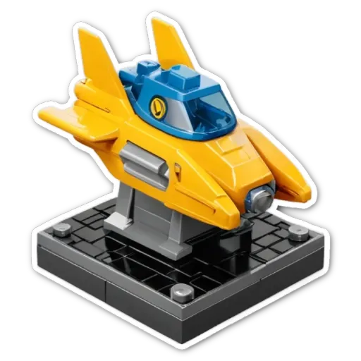 A yellow and blue car with wings is displayed on a black background.