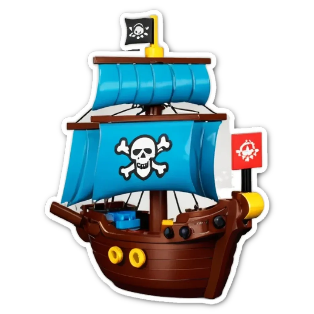 A sticker of a ship with skulls and flags on it.