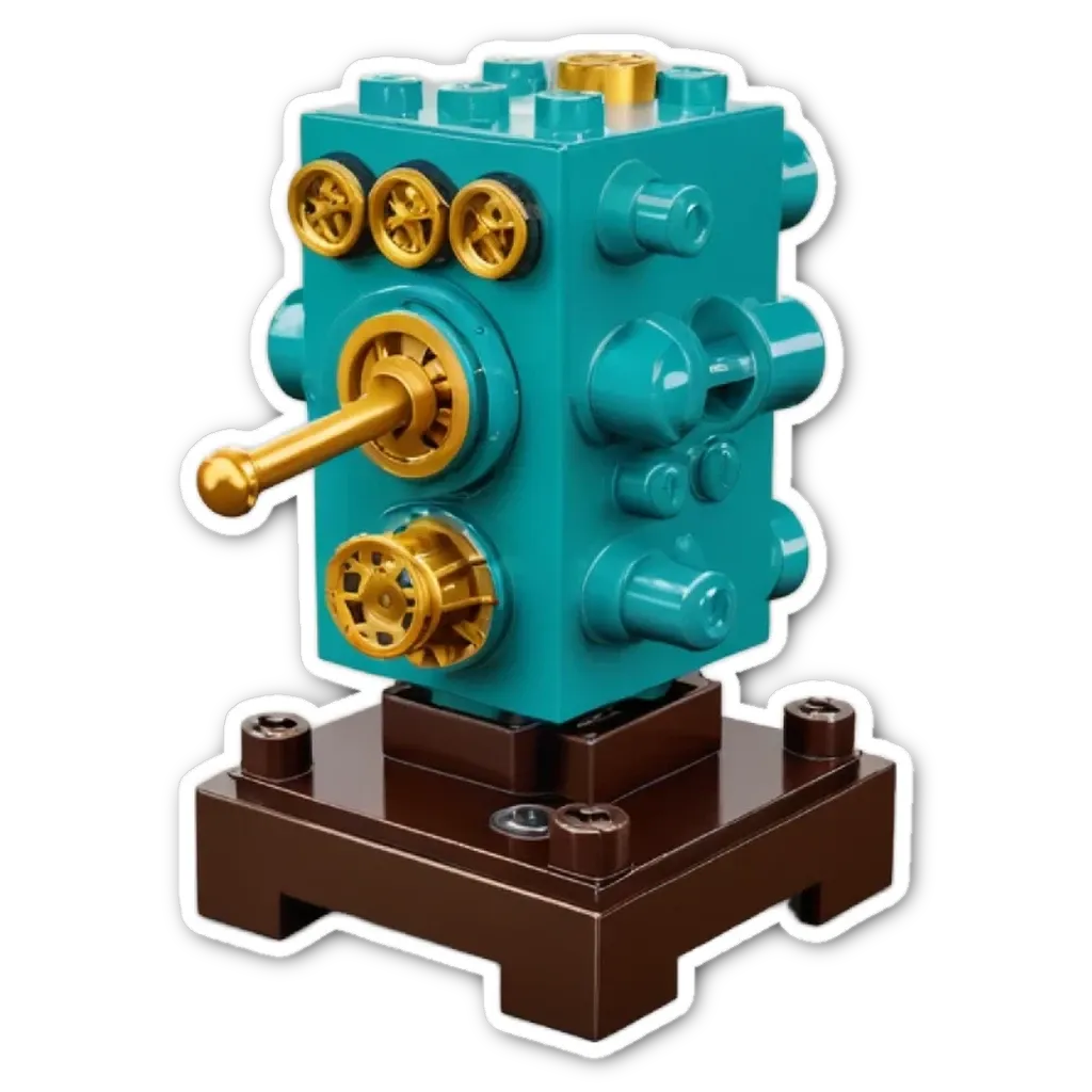 A lego piece that is blue and gold with a switch on it.