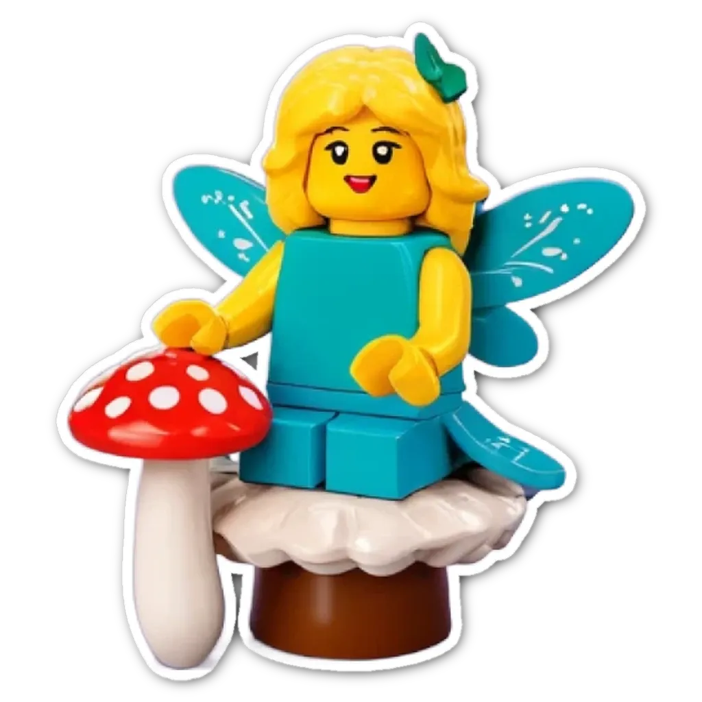 A lego figure with a mushroom and blue dress sitting on a mushroom.