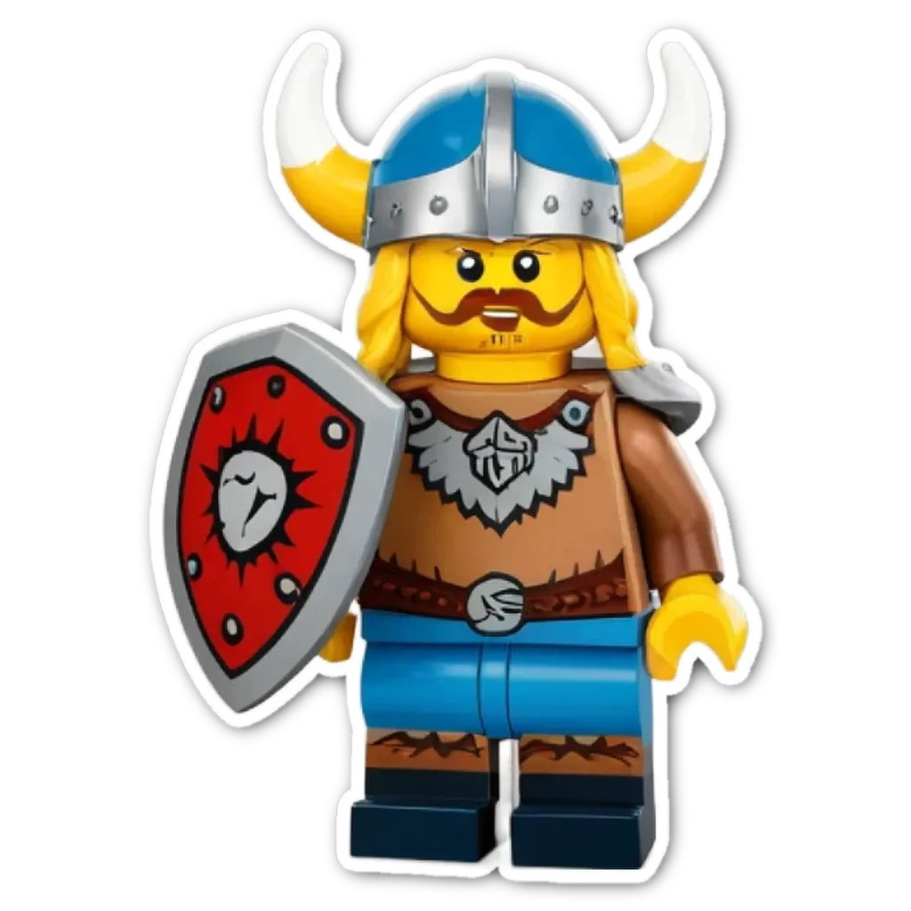 A lego figure holding a shield and wearing a blue and brown outfit.