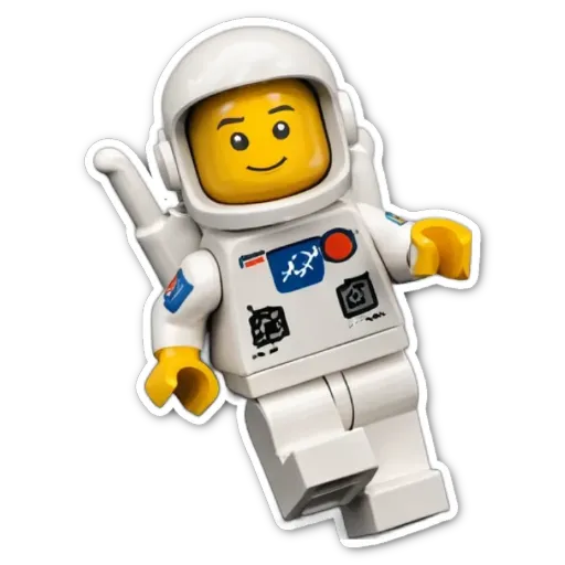 A lego space man with a smiley face and a camera.