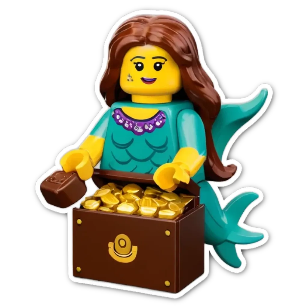 A lego girl with a gold box her holding a key.