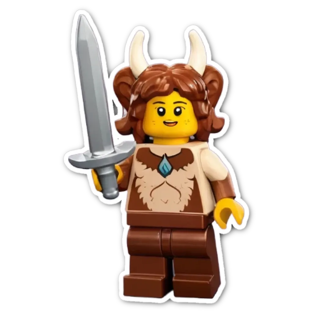 A lego person holding a sword in front of a black background.