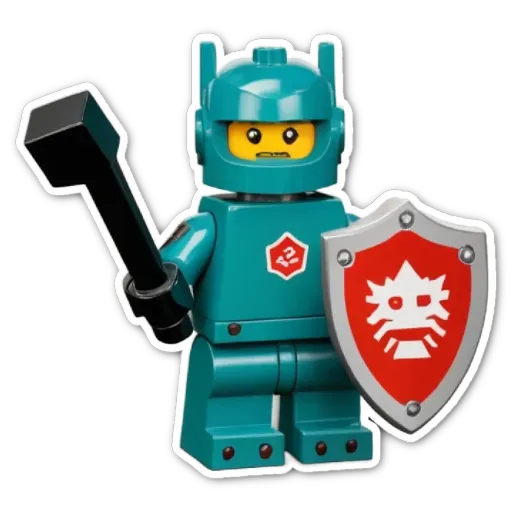 A lego person holding a shield and a hammer.