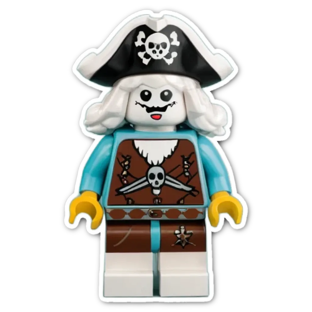 A lego person with a skull and crossbones hat and a smiley face.