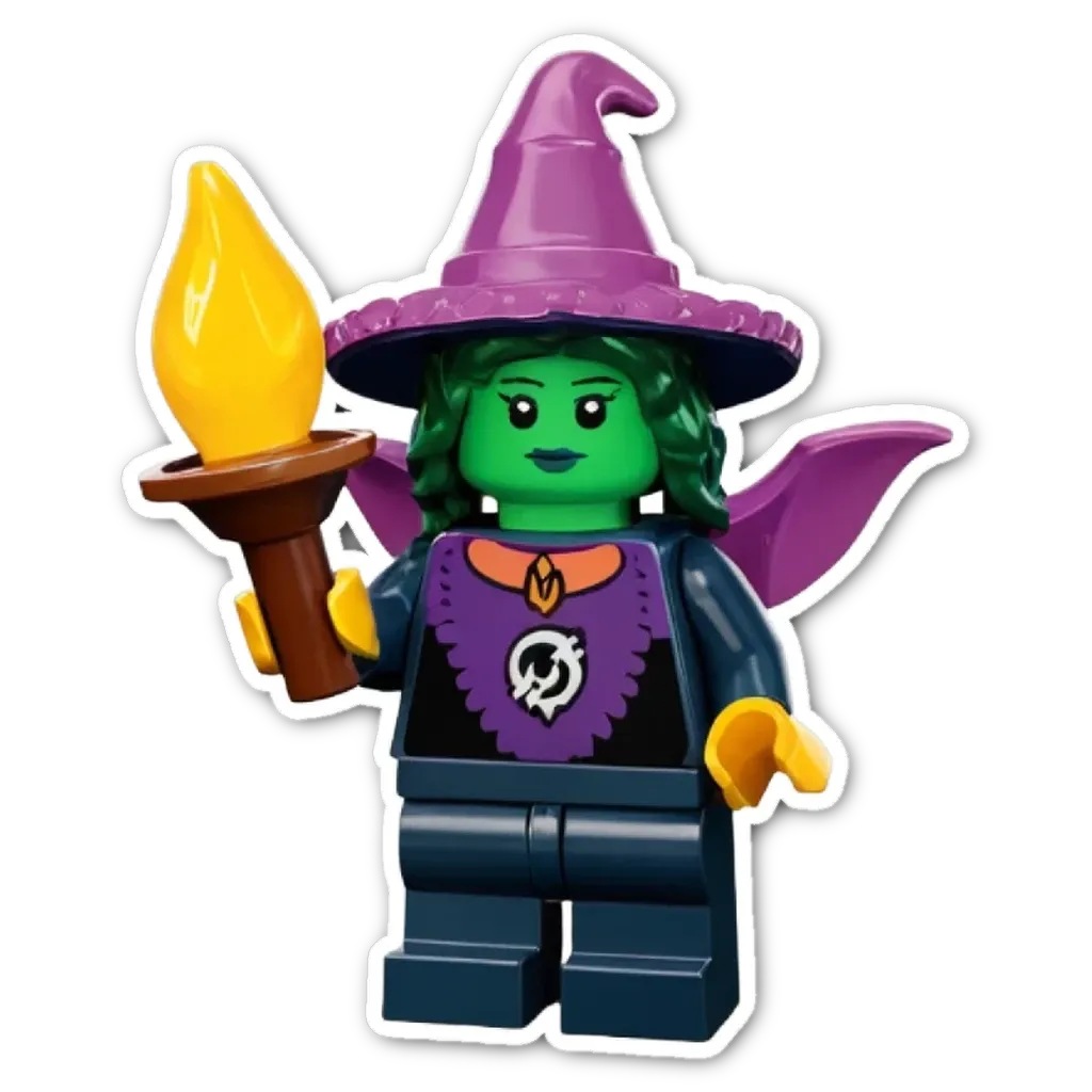 A lego person holding a staff with a purple hat.