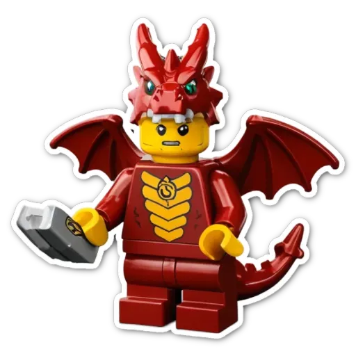 A lego figure of a dragon wearing red clothes and holding a staff.