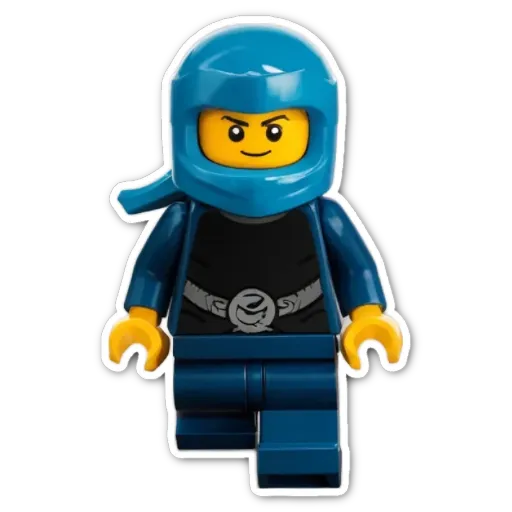 A blue and black lego person on a black background.