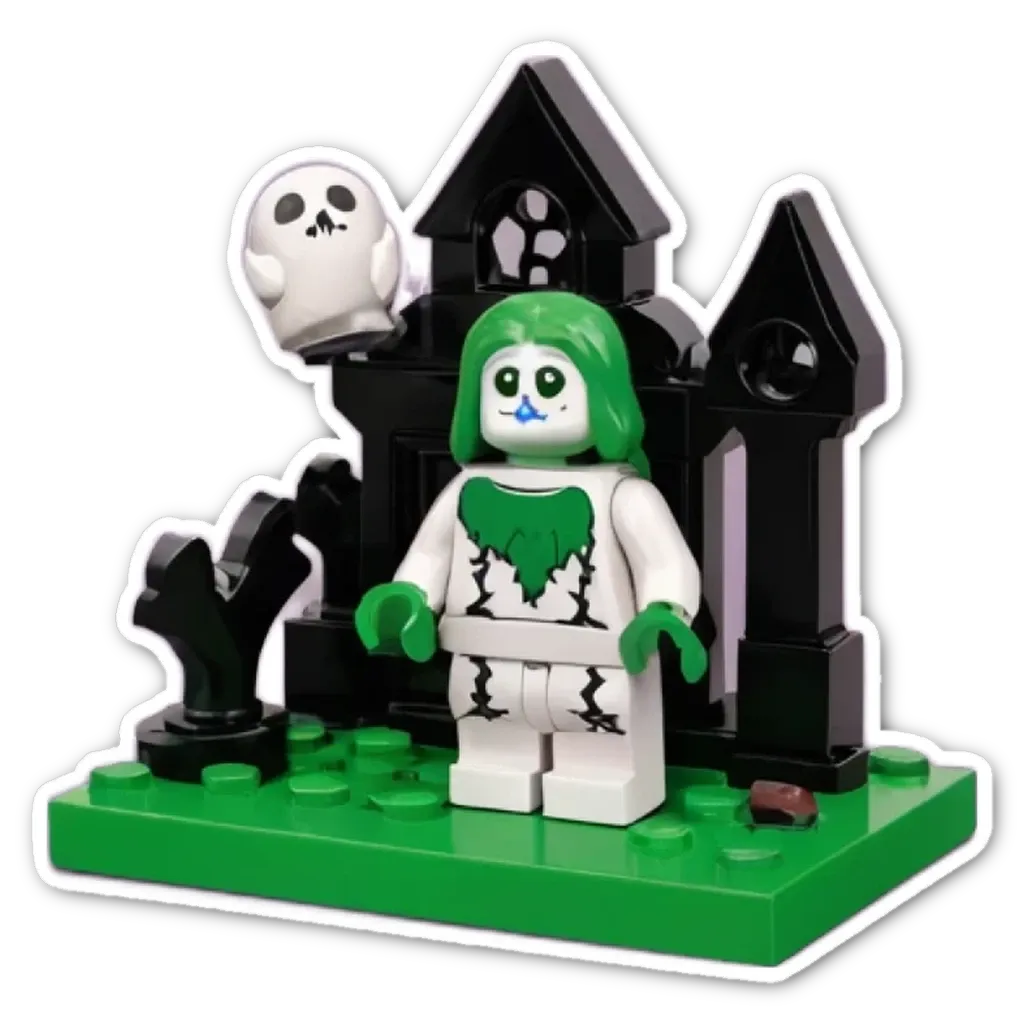 A lego person in a cemetery with a head and face.