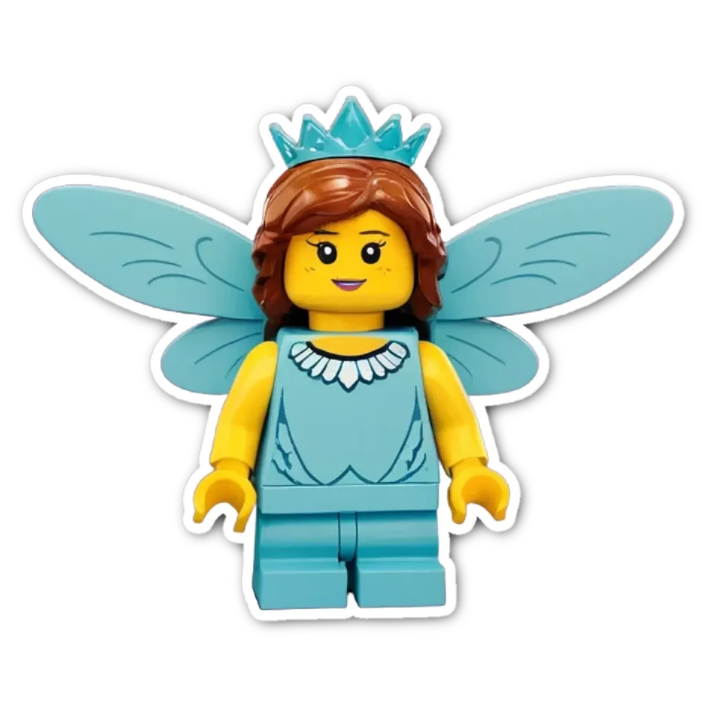 A sticker of a toy lego girl with a blue dress on a black background.