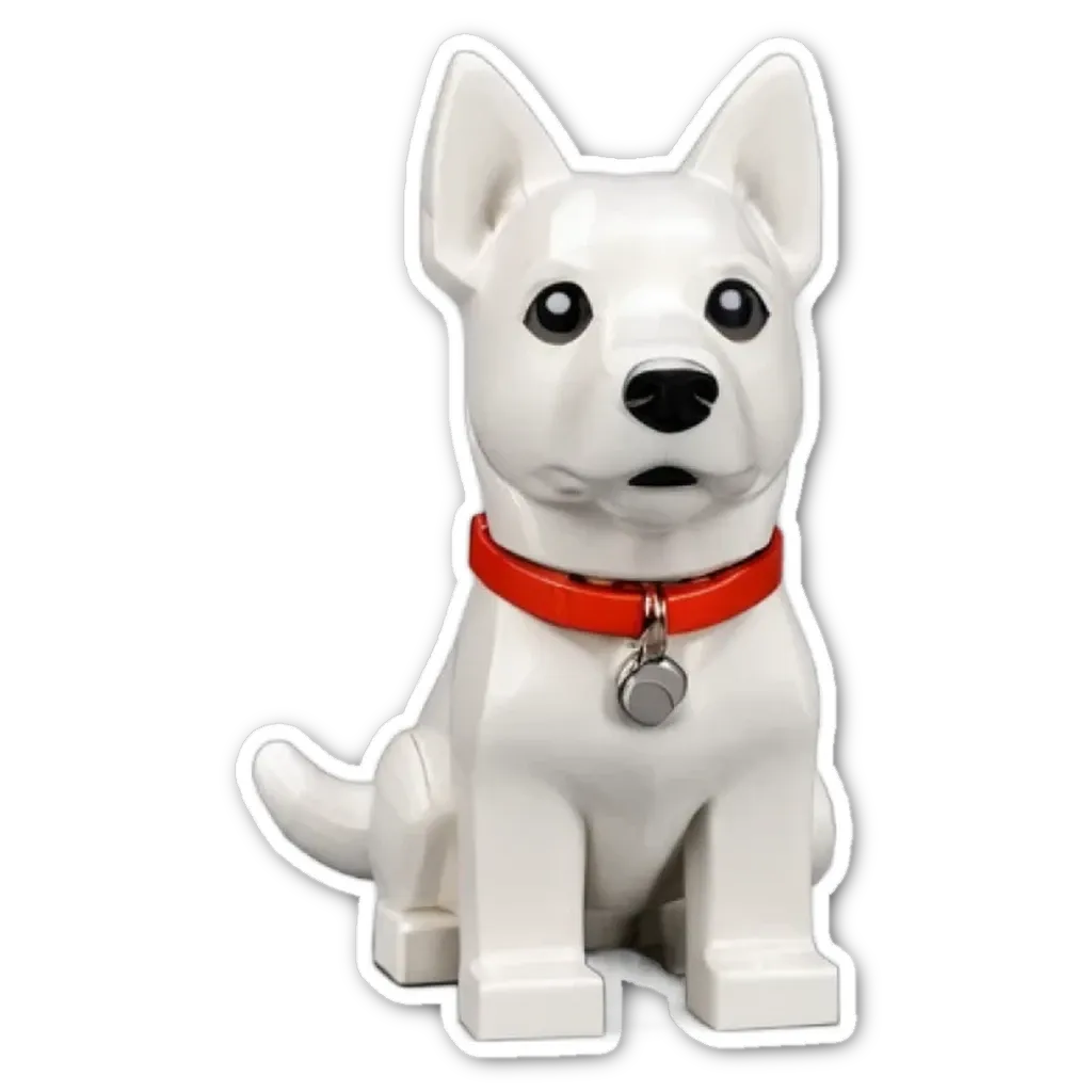 A white dog statue with a red collar.