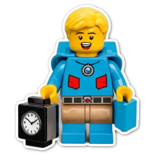 A blue lego person carrying a clock and holding a bag.