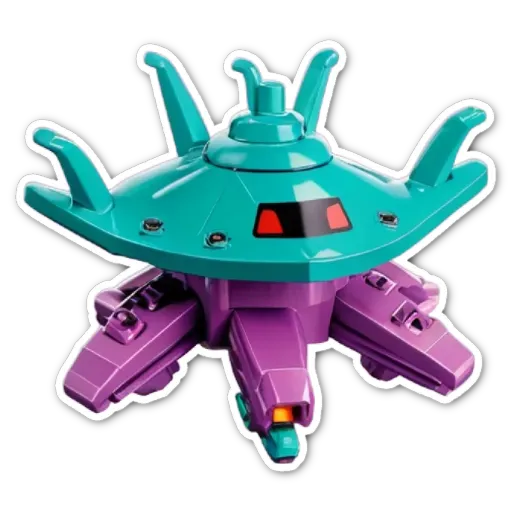 A sticker of a green alien with purple limbs that says Lego.