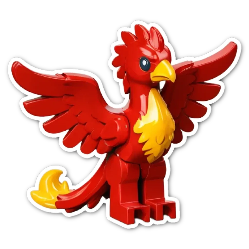 A red and yellow lego bird with a black background.