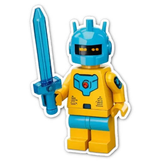 A yellow and blue lego figure holding a blue sword.