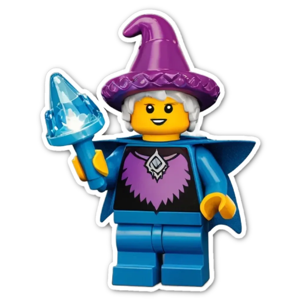 A lego figure of a witch holding a staff with crystals.