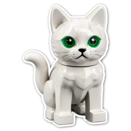 A white cat made out of legos is looking at the camera.