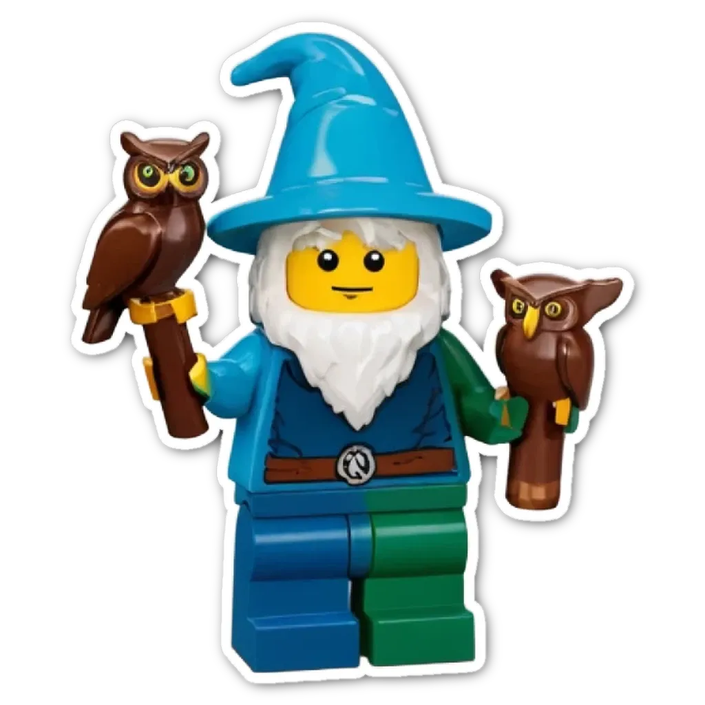 A lego figure holding two owls and a wand.