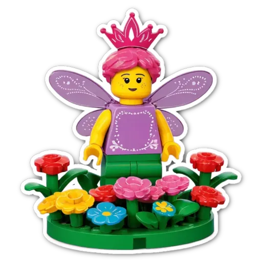 A lego figure with a crown and flowers on top of a Lego garden.