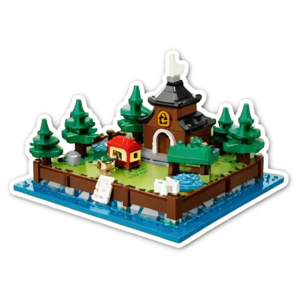 A lego town with a castle and a lake.