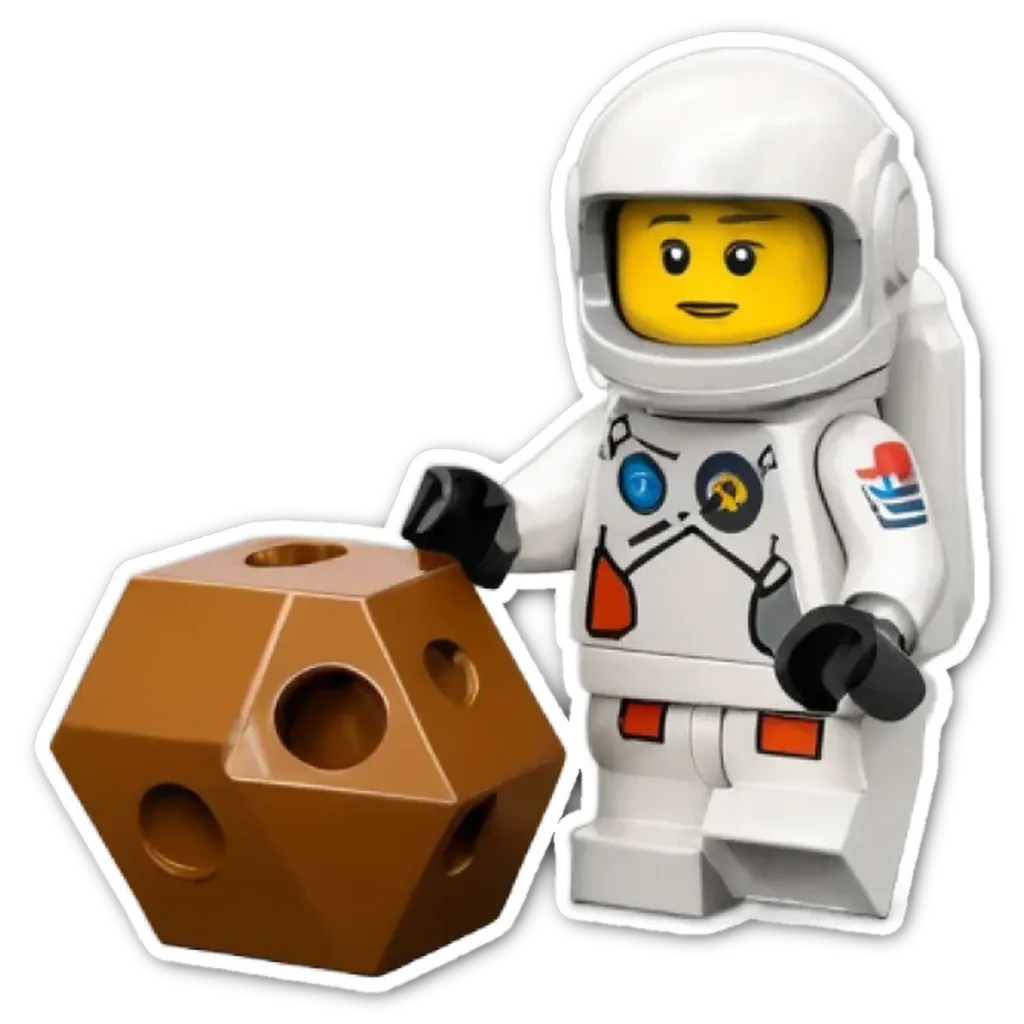 A lego person who is a space man holding a rock.