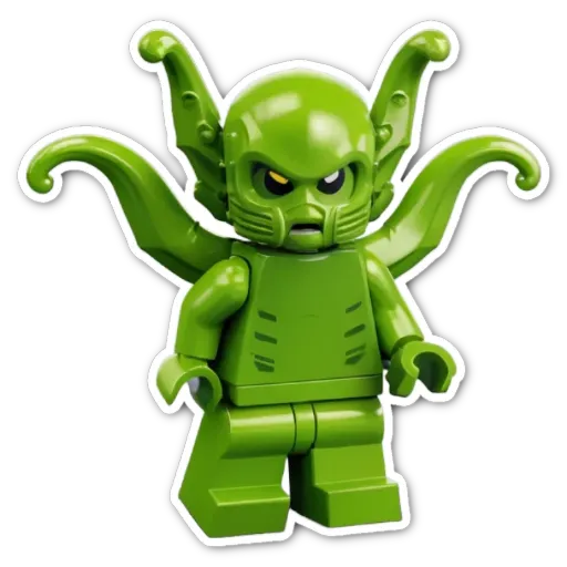 A green lego figure with a mouth and eyes and a cape.