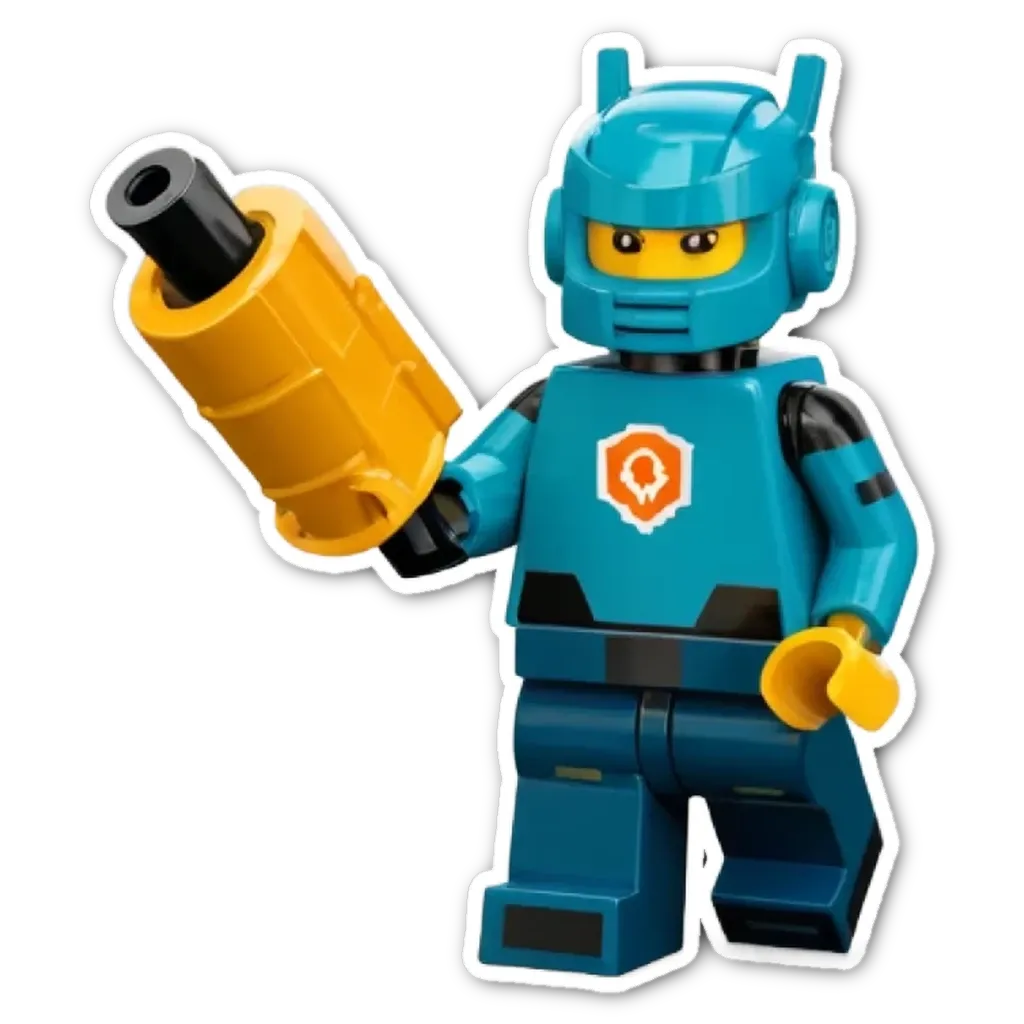 A blue lego person holding a yellow gun.