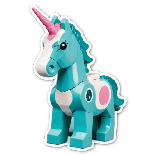 A lego unicorn with a blue horn and pink feet.