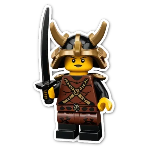 A lego boy holding a sword on a black background.