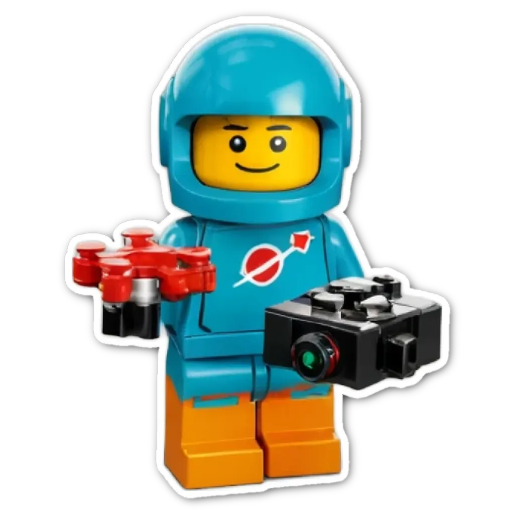 A lego person holding a camera with red propellers.