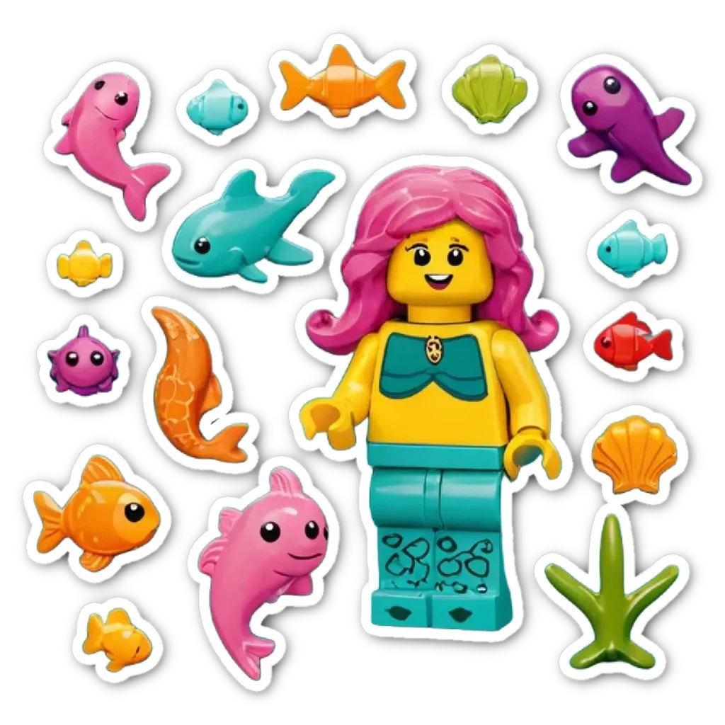 A lego figure of a mermaid with fish stickers on the background.