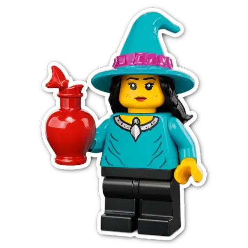 A lego figure of a witch holding a vase.