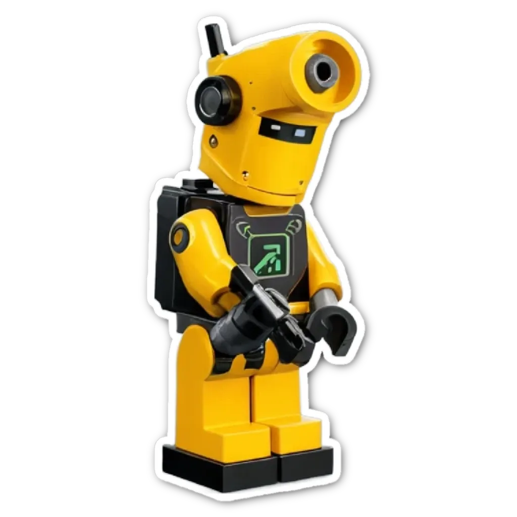 A yellow and black lego robot with a green square on its face.