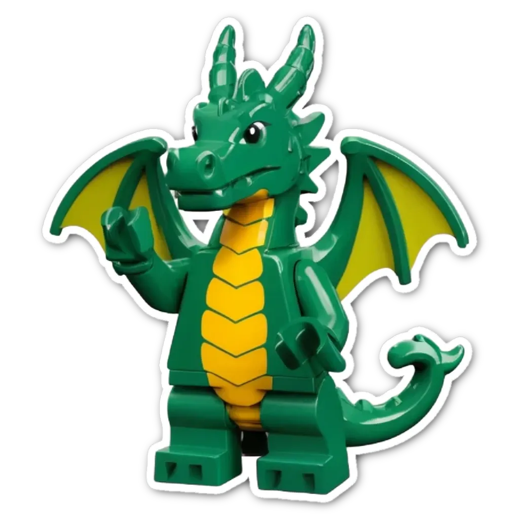 A green lego dragon with yellow wings.