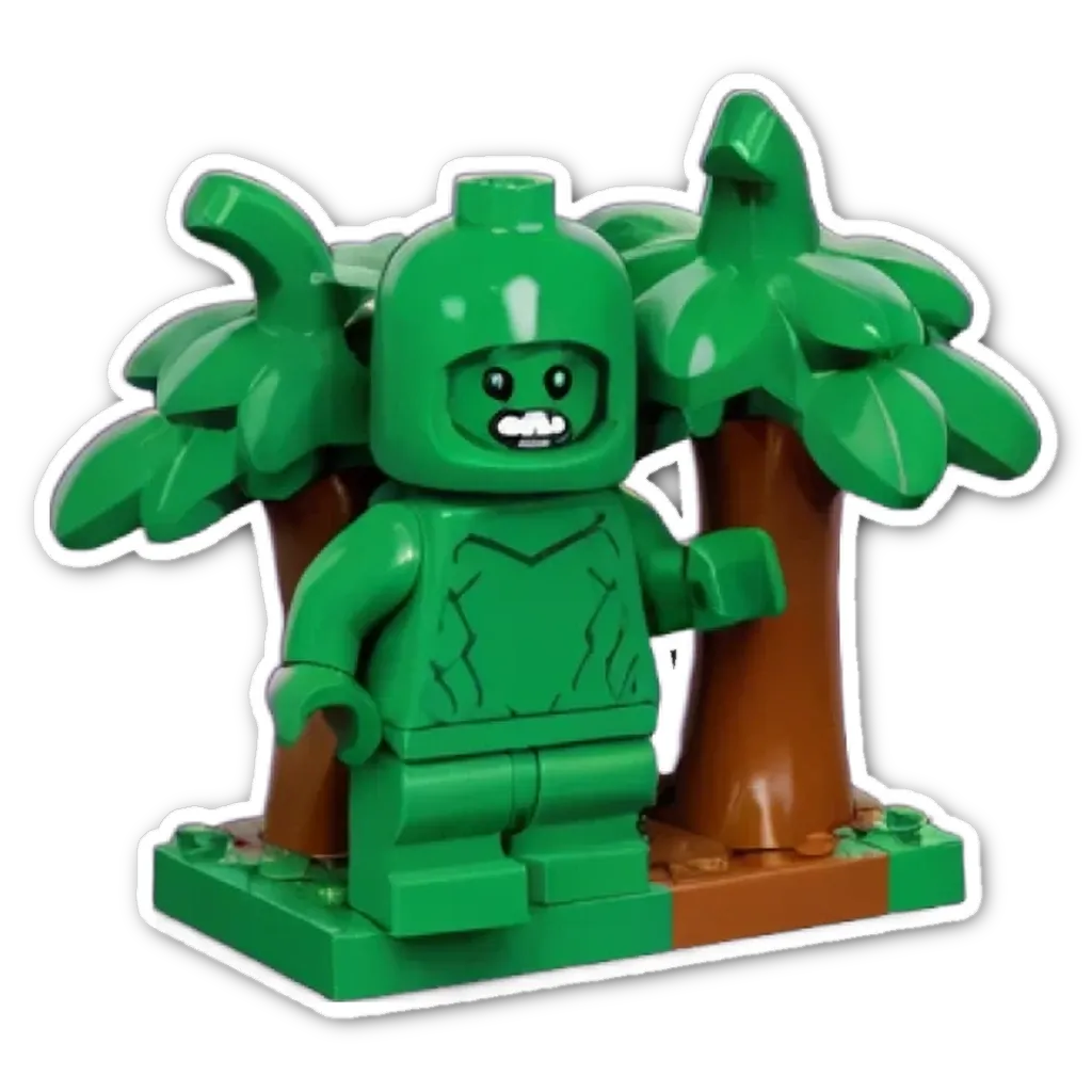 A green lego person in front of trees.