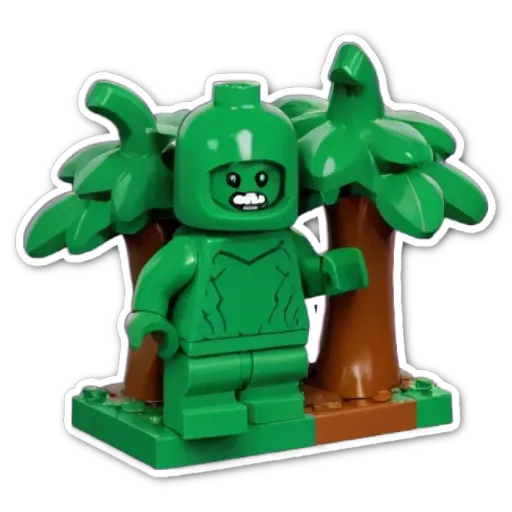 A green lego person in front of trees.