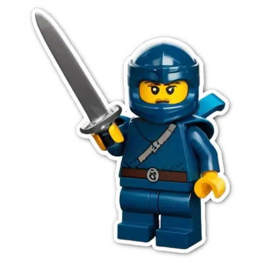 A blue lego person holding a sword on a black background.