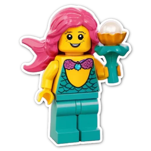 A lego girl with a blue mermaid tail holding a pearl.