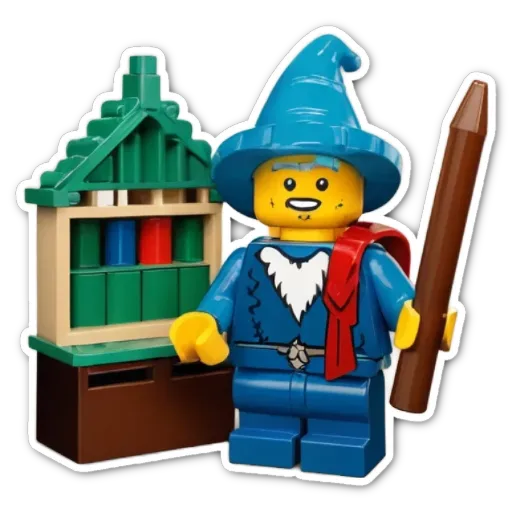 A lego figure with a wand and books.