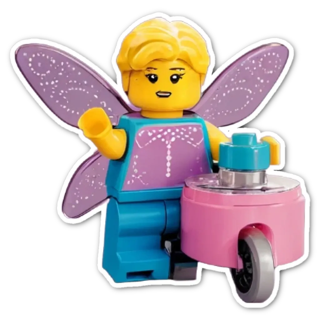 A small plastic toy person holding a pink and blue item.