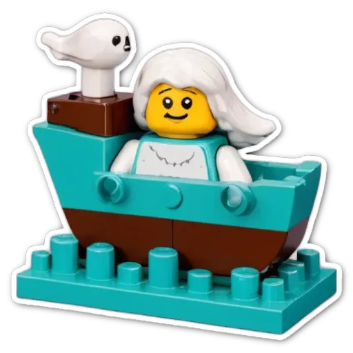 A lego child in a boat with a dog.