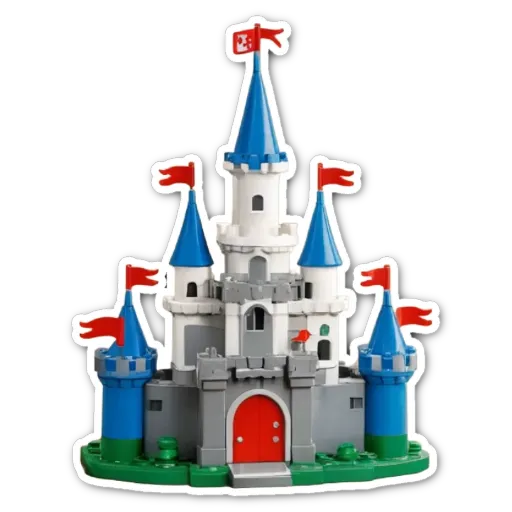 A lego castle with red doors is placed on a black background.