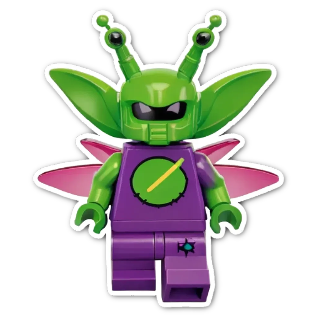 A sticker of a lego bug with wings that is black and white.