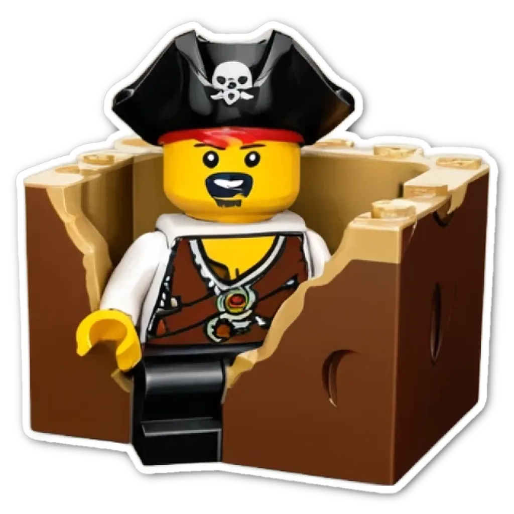 A lego pirate that is in a damaged box.